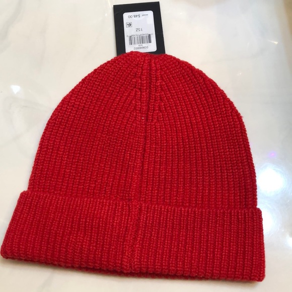 DKNY Ribbed Knit Cuffed Beanie Hat Color Scarlet Red Logo Accent OS NWT - Picture 9 of 15